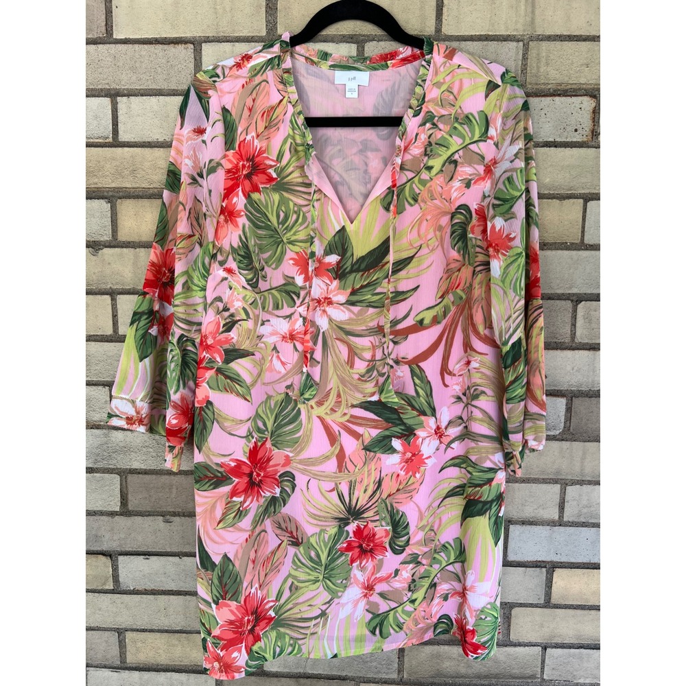 J. Jill Tropical Floral Pink Bell Sleeve V-Neck Tunic Blouse Size Small